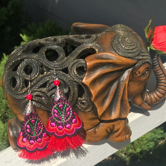 Beautiful Floral Boho Embroidered Tassel Earrings - Picture 8 of 8